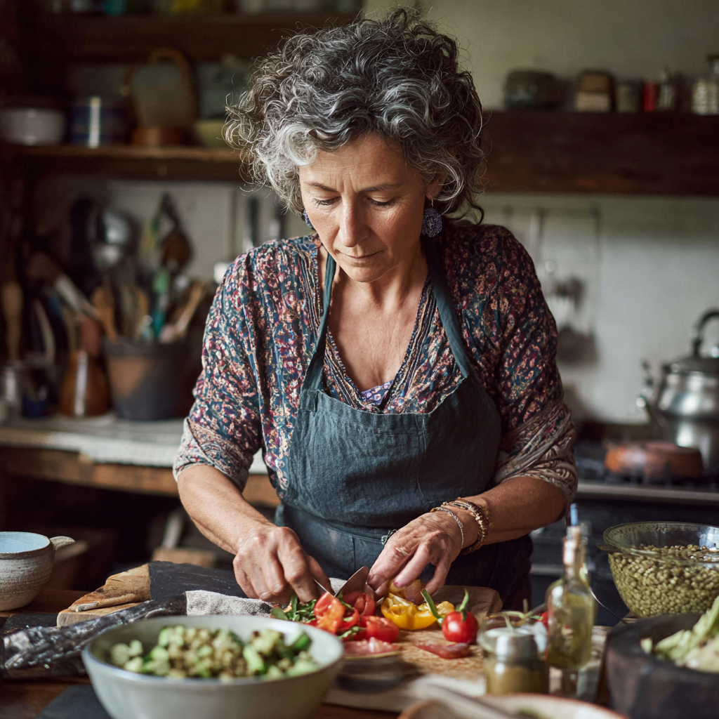 50 years old woman carefully preparing colorful balanced meal with vegetables and grains