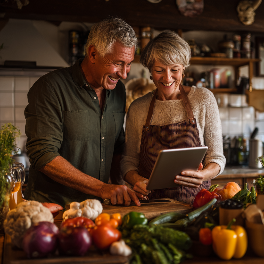 51 years old couple happily cooking together using meal plan from tablet