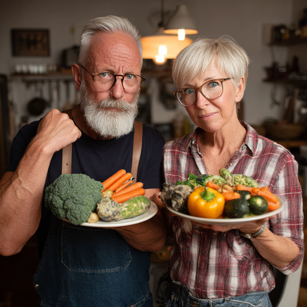 53 years old adults showing their healthy meal 
