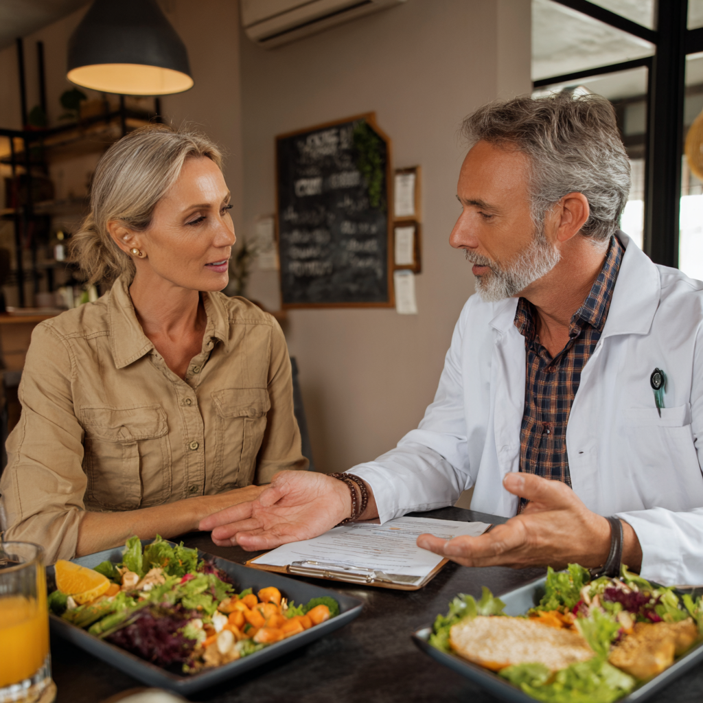 Professional 52 years old nutritionist consulting with 52 years old client about healthy meal options